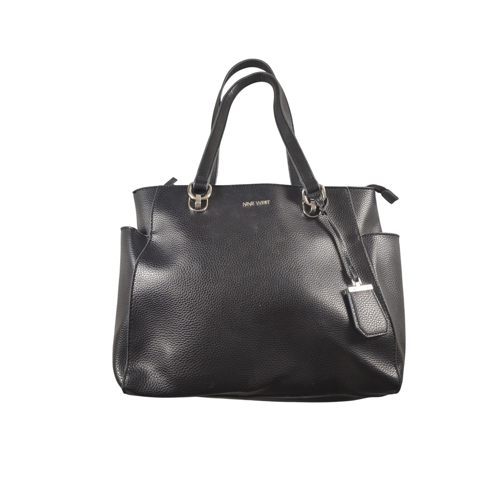 Nine West Tote Bag Women Large Black Pebbled Faux Leather Silver Hardware